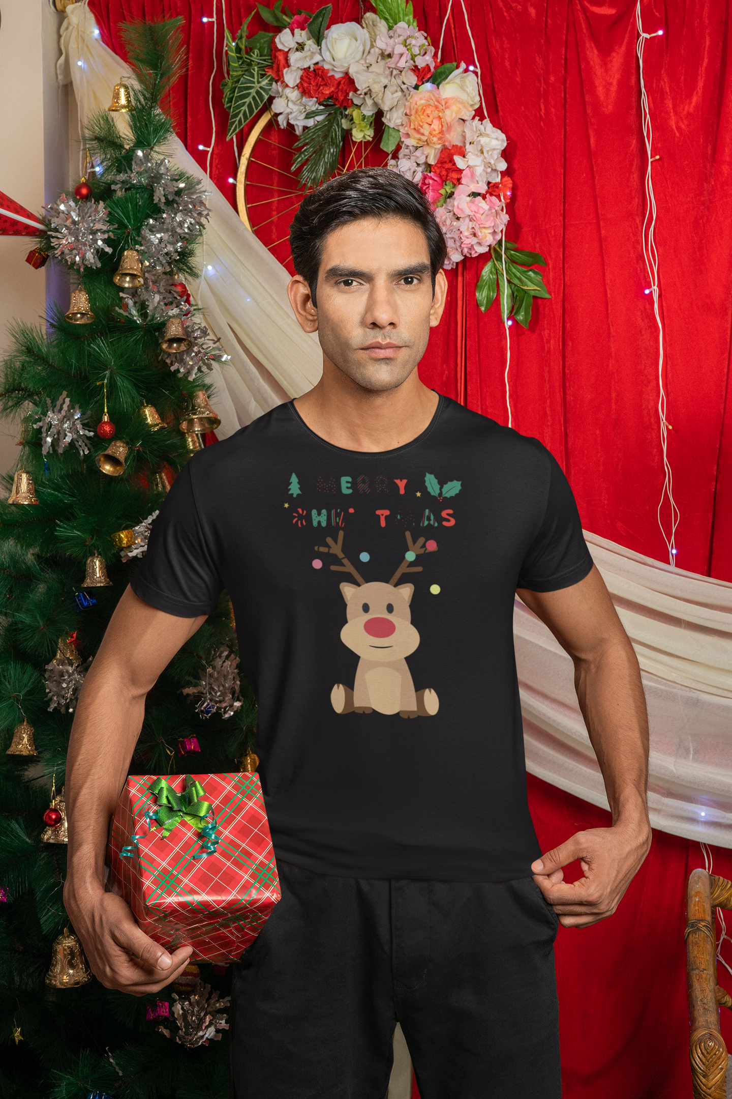 Reindeer Rudolf, Santa Claus T-Shirt, Christmas Shirt, Christmas Gift, Personalized T-Shirt, Short Sleeve Unisex T-Shirt